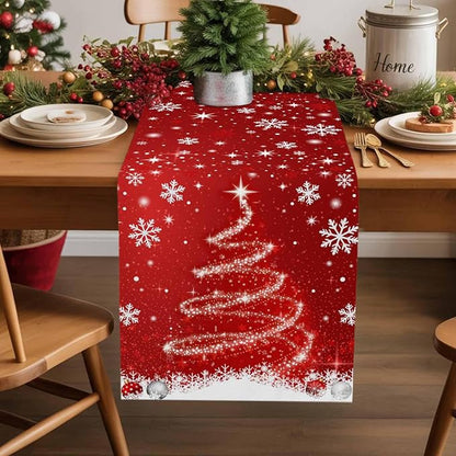 Red Christmas Table Runner 72 Inches Long, Xmas Tree Balls Snowflake Table - Image 2