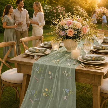 Wildflower Tulle Table Runner Butterfly Floral Wedding Party Home Decor | Sage - Image 6
