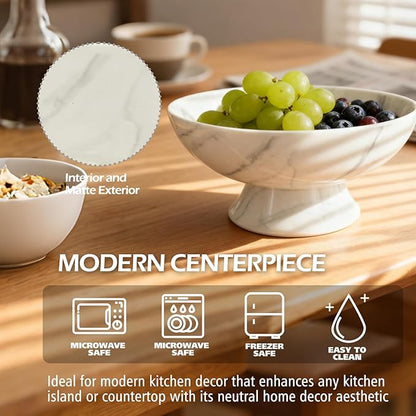 Accessoryway White Marble Texture Pedestal Decorative Bowl - Minimalist Decorative Fruit Bowl for Kitchen Counter, Entryway,Multi-Purpose Centerpiece bowl for Bread, Snacks, Candy-8"