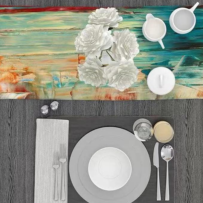 Green Teal Abstract Modern Art Table Runner 13x72 Inch Rustic Wood Texture - Image 3