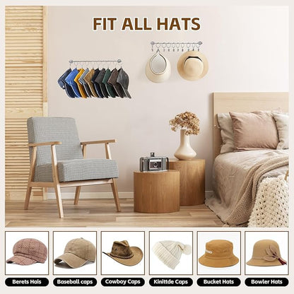 Viklluyr Hat Rack Baseball Cap Wall Organizer - Closet Hats Holder with 20 Hooks - Metal Caps Storage Wall Mounted Hat Hanger Set of 2 for Closet Door Bedroom Entryway Laundry(Grey)