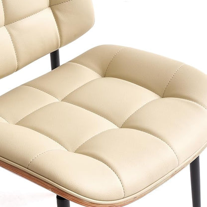 Mid Century Modern Dining Chairs with Walnut Grain Back, Beige Faux Leather Dining Room Chairs Set of 2, Checkered Soft Cushion Kitchen Chairs with Adjustable Foot Pads