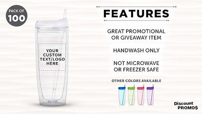 Custom Tall Orbit Acrylic Tumblers 20 oz. Set of 100, Personalized Bulk Pack - Perfect for Iced Coffee, Soda, Other Hot & Cold Beverages - Clear