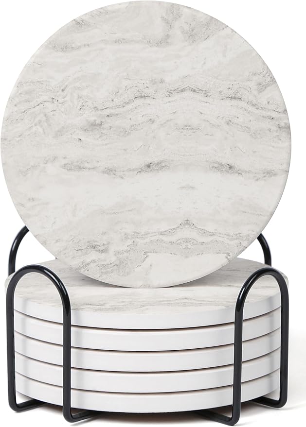 Set of 6 Off White Abstract Onyx Marble Coasters by Hoomey
