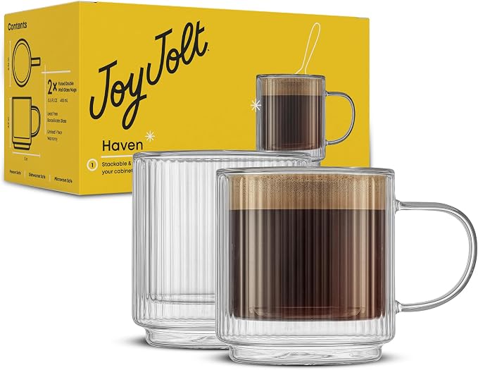 JoyJolt Haven Stackable Fluted Glass Mugs, 13.5oz Clear Mugs by JoyJolt