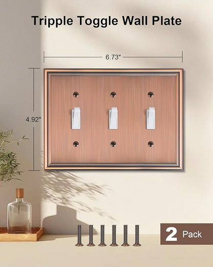 2-Pack Triple Toggle Light Switch Cover Plate, Durable Solid Zinc Alloy Decorative Switch Plate Covers, Antique Copper 3 Gang Wall Plate, Corrosion Resistant
