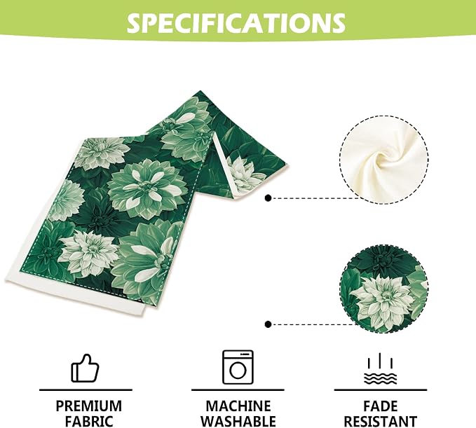 Deep Green Dahlia Flower Summer Table Runner Green Gray Burlap Table Runners - Image 7
