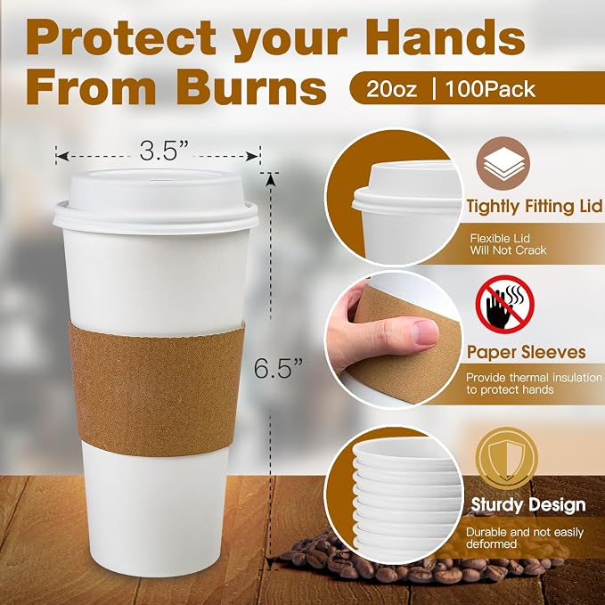 Ginkgo 100 Pack 20 oz Disposable Paper Coffee Cups - Image 3