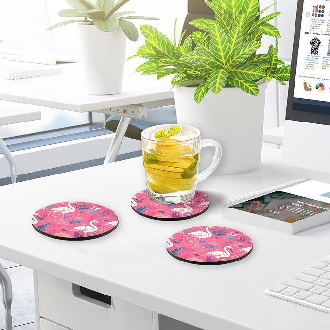 Pink and White Color Flamingo Illustration Round Drink Coaster Set of 4 Heat - Image 7