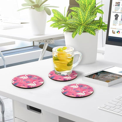 Pink and White Color Flamingo Illustration Round Drink Coaster Set of 4 Heat - Image 7