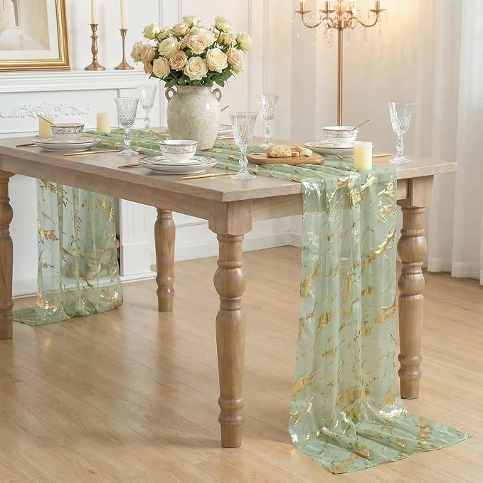 Artoid Mode Marble Pattern Sage Green Gauze Table Runner 10FT, Glitter Metallic - Image 3