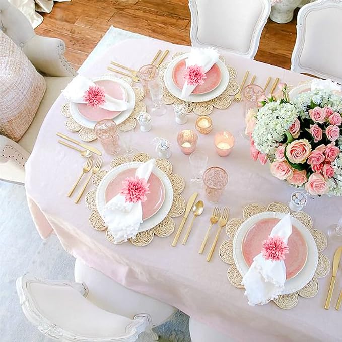 wonlex Farmhouse Flower Napkin Rings Set of 8, Faux Pink Dahlia Napkin Ring - Image 4
