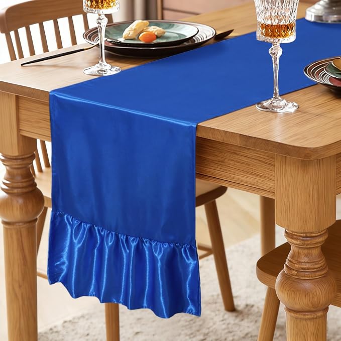 2 Pack Royal Blue Satin Table Runner 12 x 108 Inch | Ruffle Design, Luxurious - Image 2