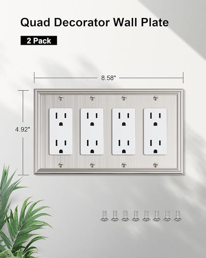 2-Pack Quad Decorator Outlet Cover Plate, Zinc Alloy Brushed Nickel Switch Plates and Outlet Covers, 4 Gang Wall Plates for Electrical Outlets, Receptacle, GFCI Outlet, Dimmer Switch