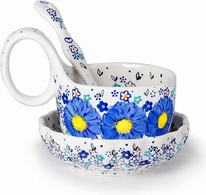 silesia Handmade Loop Handle Soup Bowl, Plate and Spoon Set Ceramic Hand by silesia