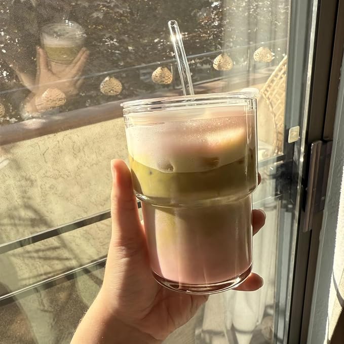 13oz Glass Tumbler with Straw and Lid, Leak Proof Iced Coffee Cup, Thick Wall - Image 6