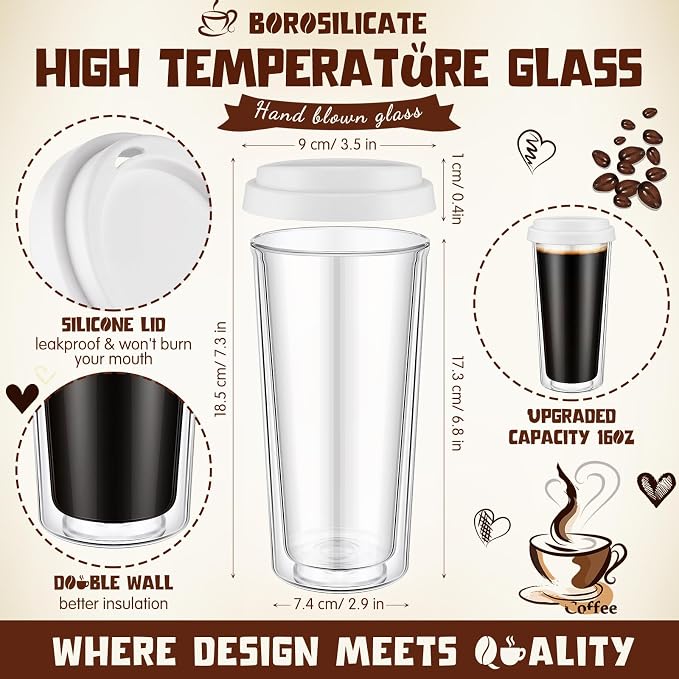 Honeydak 2 Pack 16 oz Double Walled Glass Coffee Mugs - Image 2