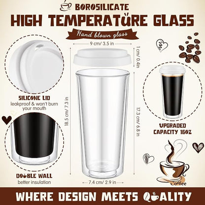 Honeydak 2 Pack 16 oz Double Walled Glass Coffee Mugs - Image 2