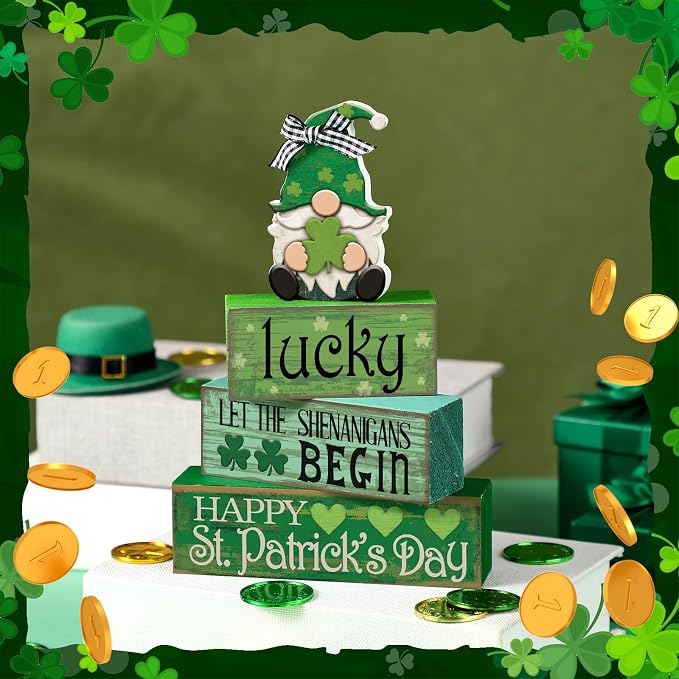 Moucuny 4 Pcs St. Patrick's Day Table Decoration Irish Tiered Tray Decor Wooden - Image 5