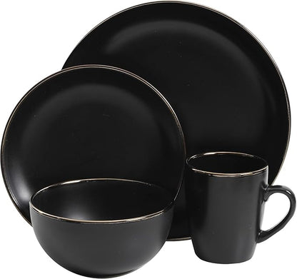 Gibson Home Rockaway 16-Piece Round Stoneware Dinnerware Set, Service for 4 – Black with Gold Rim Plates and Bowls, Microwave & Dishwasher Safe