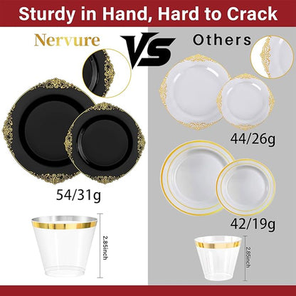 Nervure 175PCS Black Plastic Plates - Disposable Black Gold Party Plates & Pre Rolled Napkins with Cutlery for 25 Guests, 50Plates, 75Silverware, 25Cups, 25Napkin for Wedding & Party