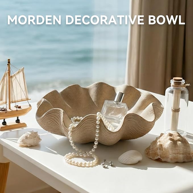 Scalloped Decorative Bowl, 12.6" Shell Ruffle Fruit Bowl Home Decor | Modern - Image 2