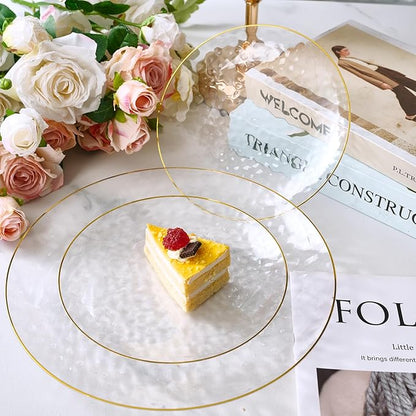 FOCUSLINE 60Pcs Clear Plastic Plates, Clear Disposable Plates with Gold Rim, 30 7" Salad Dessert Plate and 30 10" Dinner Plate Heavy-duty Hammered Plates for Party, Wedding