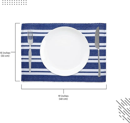 Encasa XO Dining Placemat Set of 6 | Franca Blue Stripes Color | Fine Ribbed Cotton Table mat | Size 19x13 in | Machine Washable
