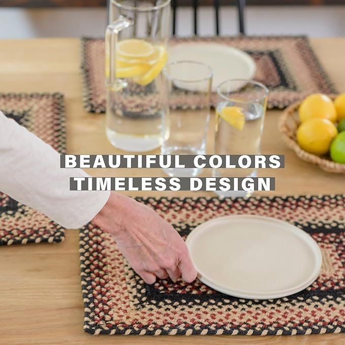 Homespice Primitive Star Gloucester Jute Braided Placemats, Warm Primitive Decor, Set of 4, Black and Red 13x19 Oval Table Mats - Vibrant Colors, Durable, Easy to Clean and Protects Furniture