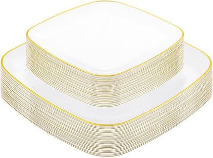 bUCLA 50PCS White and Gold Plastic Plates Disposable - Square Gold Heavy Duty - Include 25 Each (Dinner & Dessert) Plates for Party & Wedding