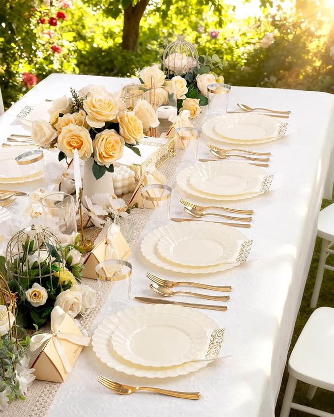 YOUBET 100PCS Ivory Scalloped Plastic Plates - Image 9