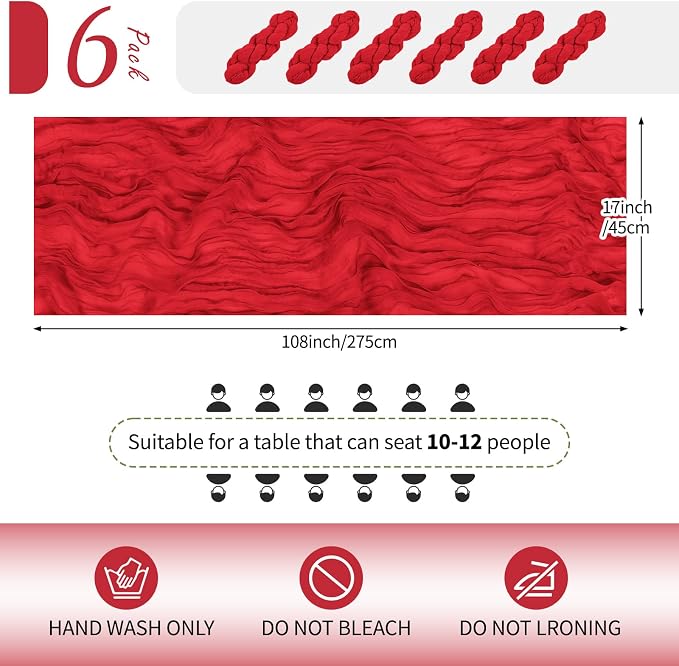 6 Pack Red Cheesecloth Table Runner 17x108 Inch Semi Sheer Boho Gauze Cheese - Image 2