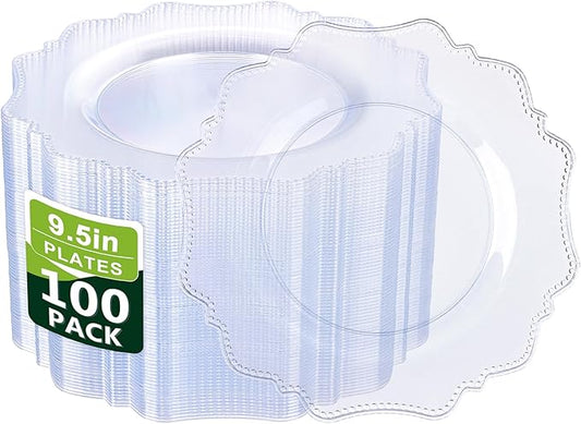 COLOSUS 100pcs 9.5 Inch Clear Plastic Plates,Heavy Duty Disposable Dinner Plates,Fancy clear Plates,Premium Plastic Dinner Plates for Party,Thanksgiving and Everyday Use