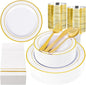 GATHER 350PCS Gold Plastic Plates - White and Gold Disposable Plastic Dinnerware Set Include 50 Dinner Plates, 50 Dessert Plate, 150 Silverware, 50 Napkins, 50 Cups for Party & Wedding