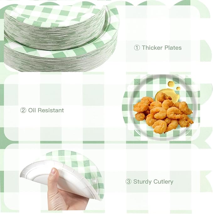 150PCS Sage Green Gingham Paper Plates and Napkins Serve 50 Guest Party | Green - Image 5