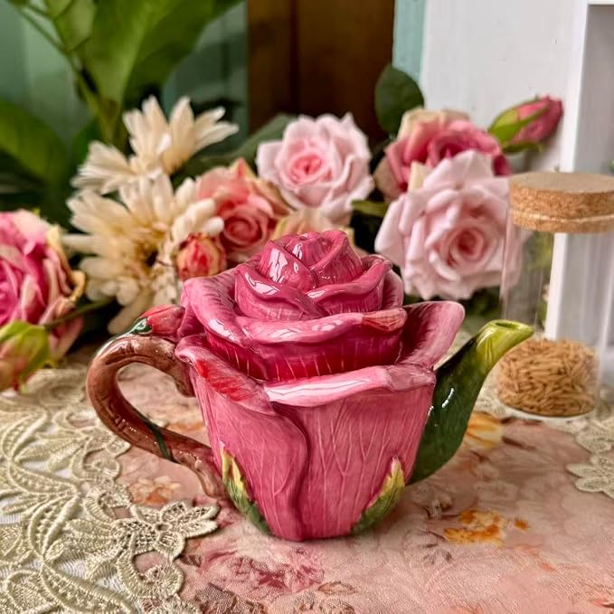 Ceramic Rose Tea Pot Set, 3D Hand-painted Rose Red Flower Cup and Green Leaves - Image 7