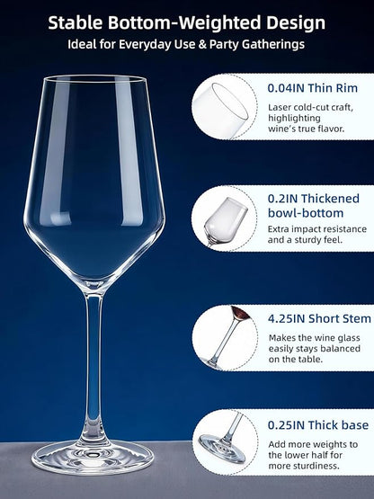 Wine Glasses Set of 4, Sturdy Crystal Wine Glasses for White wine, 14oz Modern Wine Glasses with Thin Rim, Short Stem, Gifts for birthday, housewarming, wedding, Valentine's Day