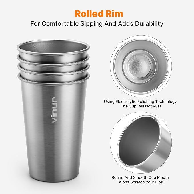 16 oz Stainless Steel Pint Cups-Stackable Metal Drinking Glasses 4 Pcs | - Image 3