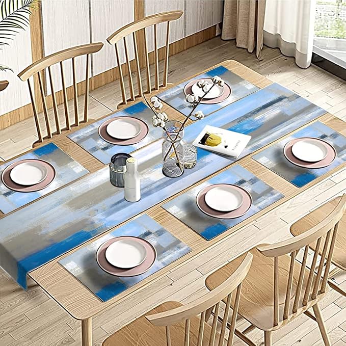 Light Blue Grey Table Runner & Placemats Set, Linen 108" Long | Abstract - Image 5