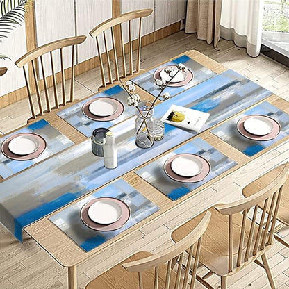 Light Blue Grey Table Runner & Placemats Set, Linen 108" Long | Abstract - Image 5