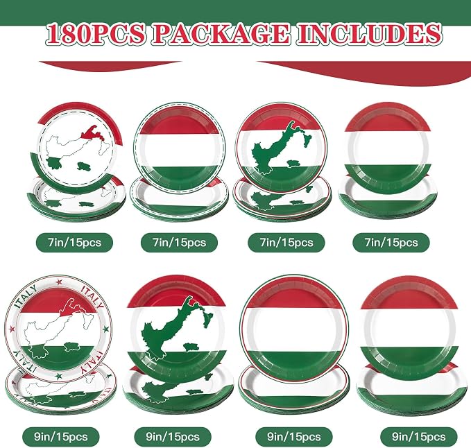 180Pcs Italian Flag Plates and Napkins Party Supplies, Serves 60 | Disposable - Image 6