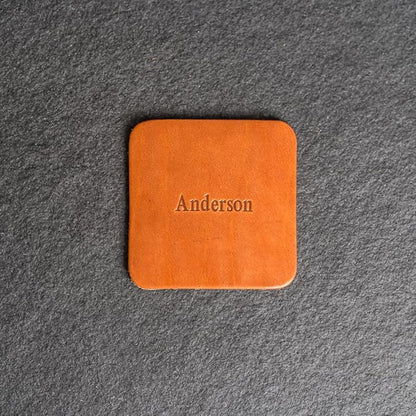 Ox & Pine Personalized Leather Coaster - Sold Individually or in Sets of 4 - Customize Inscription - 100% Full-Grain Leather – 4" Round or 4" Square (Square, Harvest, 1 Individual Coaster)