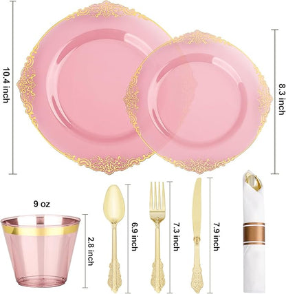 350 PCS Burgundy and Gold Plastic Plates, Disposable Dinnerware Set for 50 Guests, 100 Disposable Plates, 150 Silverwares, 50 Cups, 50 Napkins for Wedding, Party, Graduation
