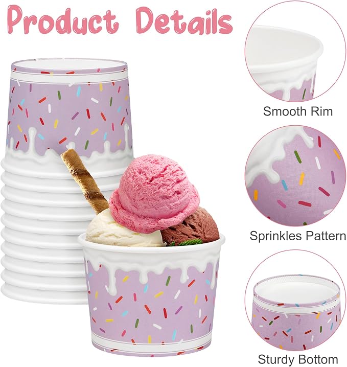 Aodaer 60 Pack 8oz Paper Cups Sprinkles Ice Cream Bowls Disposable Snack Bowls - Image 3