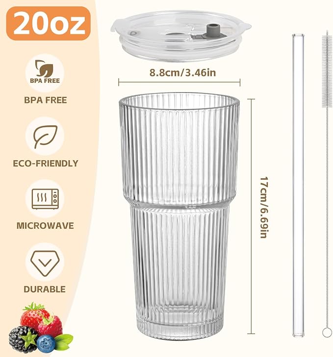 20oz Ribbed Glass Cups with Lids and Straws, Iced Coffee Cups Drinking Glasses - Image 2