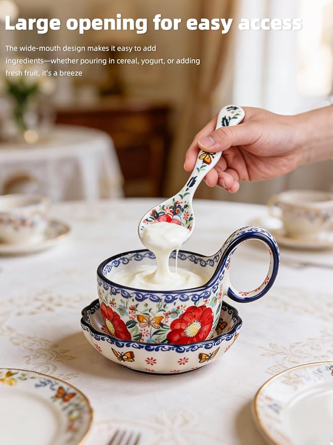 silesia Handmade Loop Handle Soup Bowl, Plate and Spoon Set Ceramic Hand - Image 5