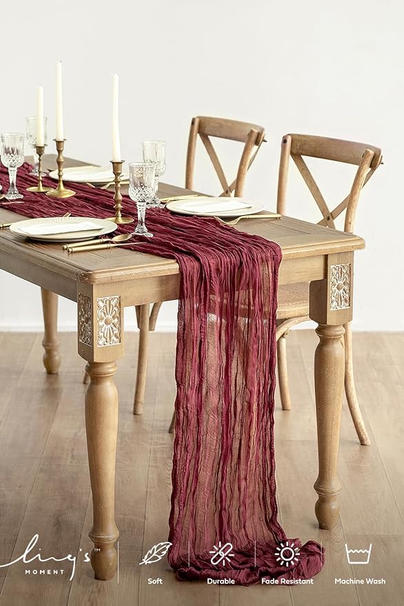 Ling's Moment Dark Red Cheesecloth Table Runner, 168 Inch 14FT | Burgundy Boho - Image 2