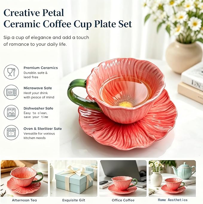 10 oz Tea Cups and Saucers, Flower-Shaped Ceramic Latte Art Cappuccino Cup and - Image 4