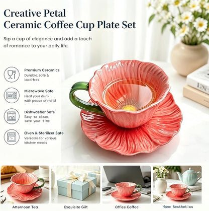 10 oz Tea Cups and Saucers, Flower-Shaped Ceramic Latte Art Cappuccino Cup and - Image 4