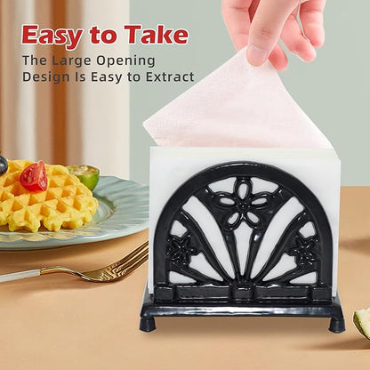 Napkin Holder for Table, Vintage Cast Iron Paper Napkins Tissue Dispenser with Daffodil Pattern for Kitchen Dining Room Countertop Decor, Black
